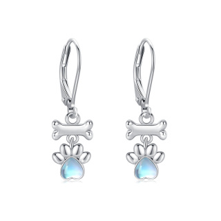 Sterling Silver Heart Shaped Moonstone Paw & Bone Lever-back Earrings-4