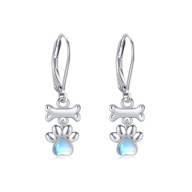 Sterling Silver Heart Shaped Moonstone Paw & Bone Lever-back Earrings-4