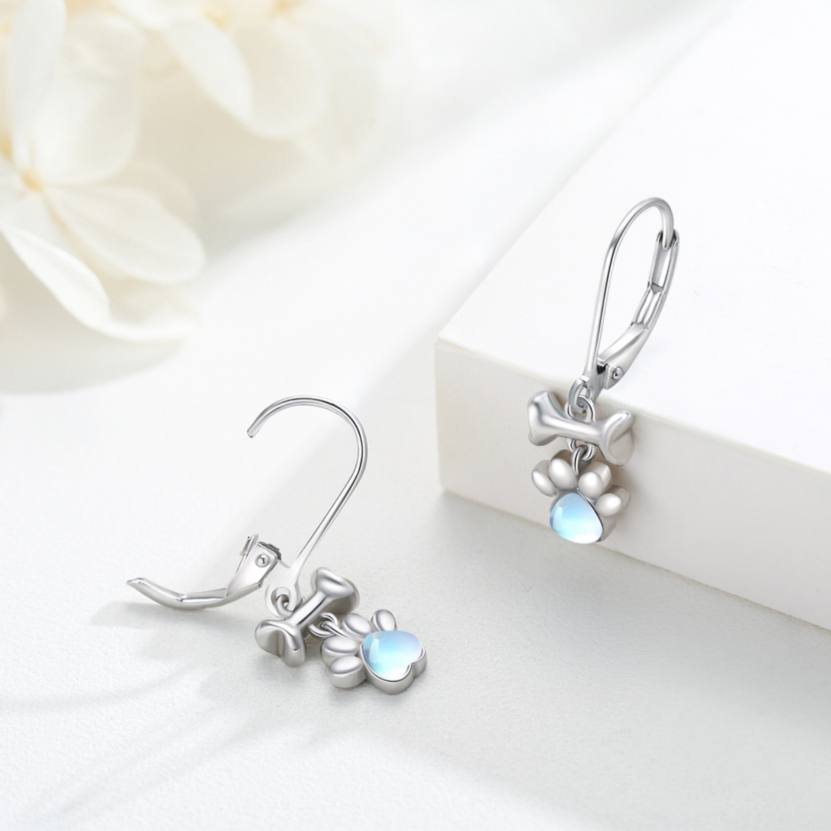 Sterling Silver Heart Shaped Moonstone Paw & Bone Lever-back Earrings-3