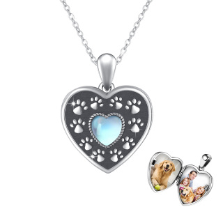 Sterling Silver Heart Shaped Moonstone Paw Personalized Photo Locket Necklace-40