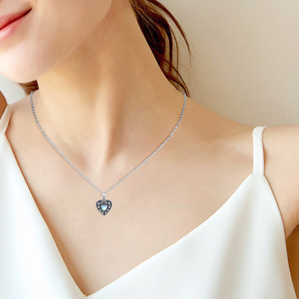 Sterling Silver Heart Shaped Moonstone Paw Personalized Photo Locket Necklace-2