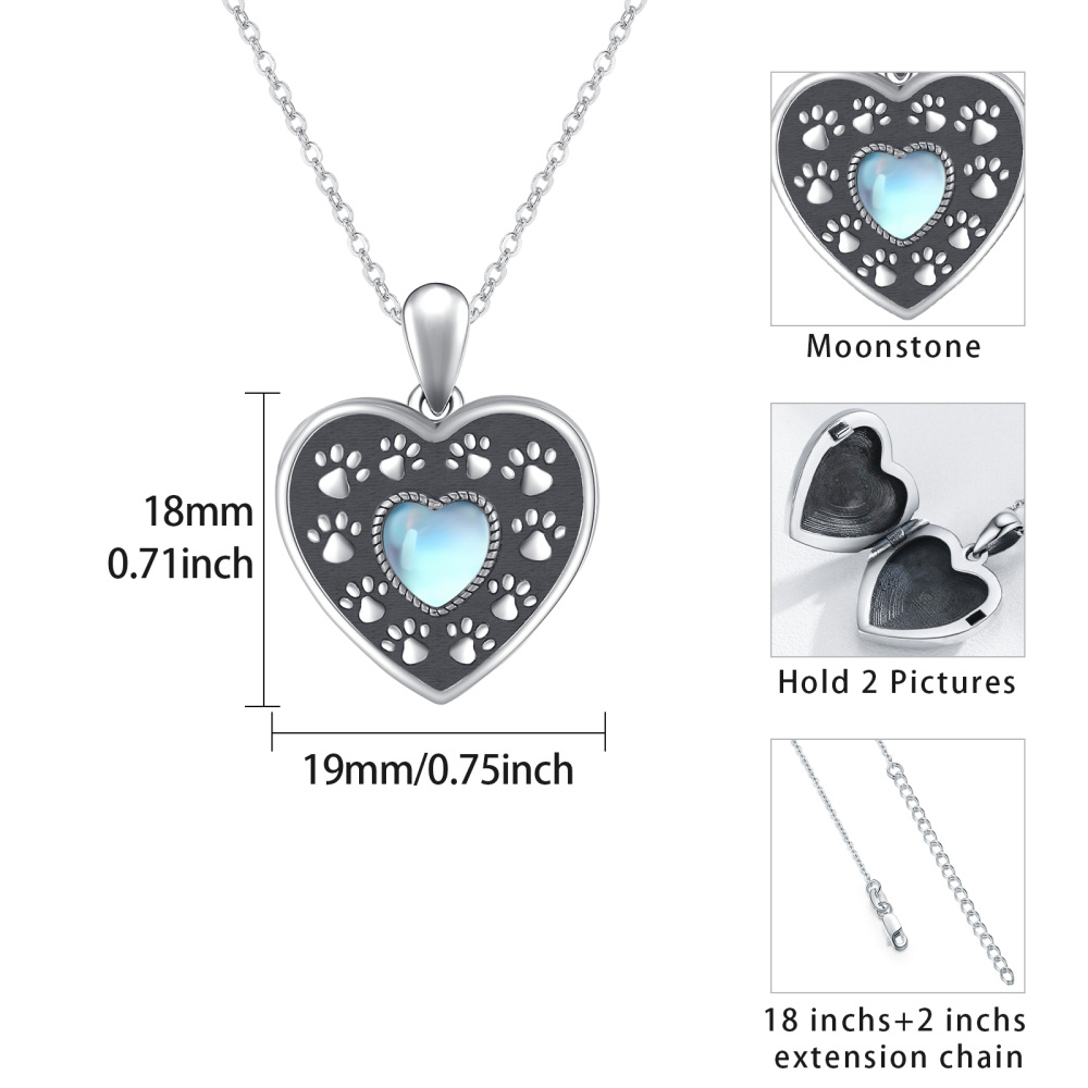 Sterling Silver Heart Shaped Moonstone Paw Personalized Photo Locket Necklace-3