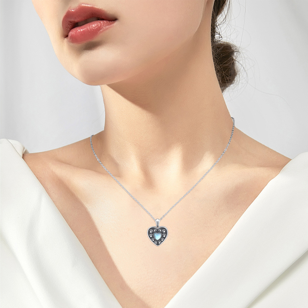 Sterling Silver Heart Shaped Moonstone Paw Personalized Photo Locket Necklace-4