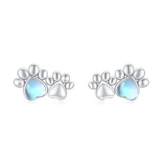 Sterling Silver Heart Shaped Moonstone Paw Stud Earrings-33