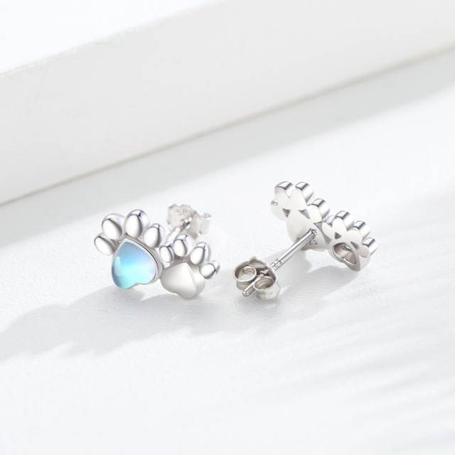 Sterling Silver Heart Shaped Moonstone Paw Stud Earrings-4