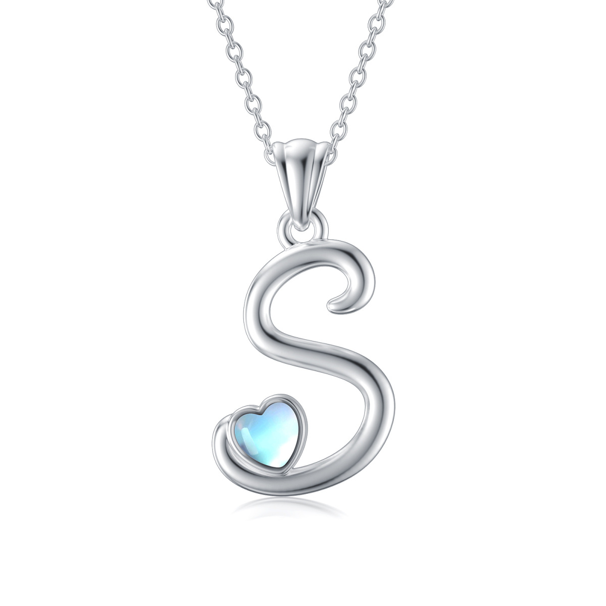 Sterling Silver Heart Shaped Moonstone Personalized Initial Letter & Heart Pendant Necklace with Initial Letter S-1