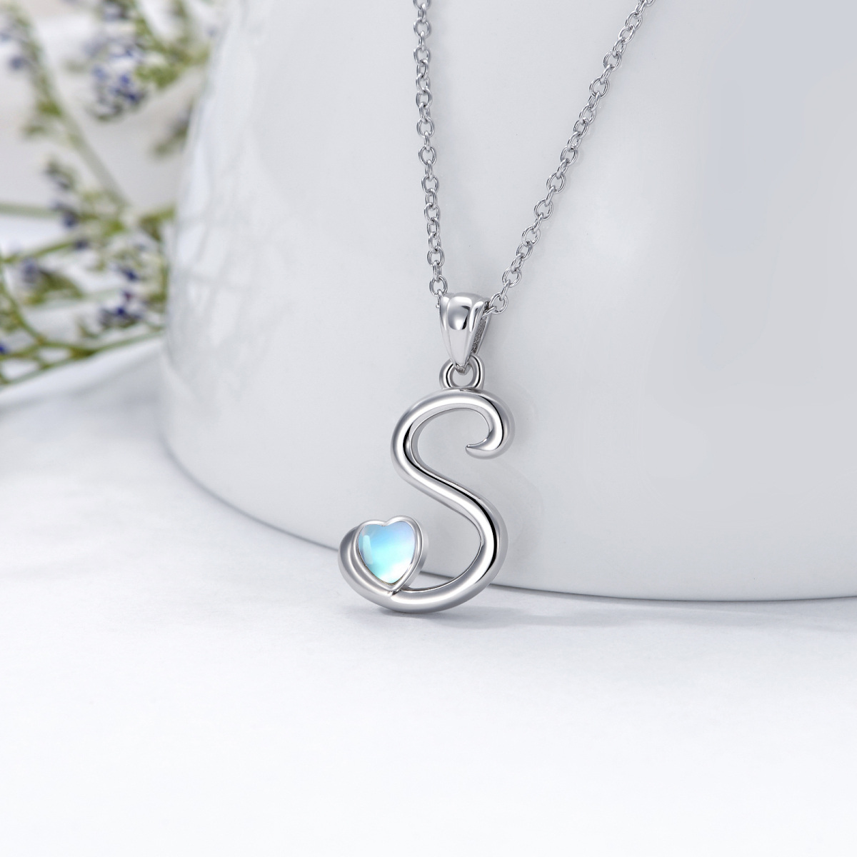 Sterling Silver Heart Shaped Moonstone Personalized Initial Letter & Heart Pendant Necklace with Initial Letter S-3