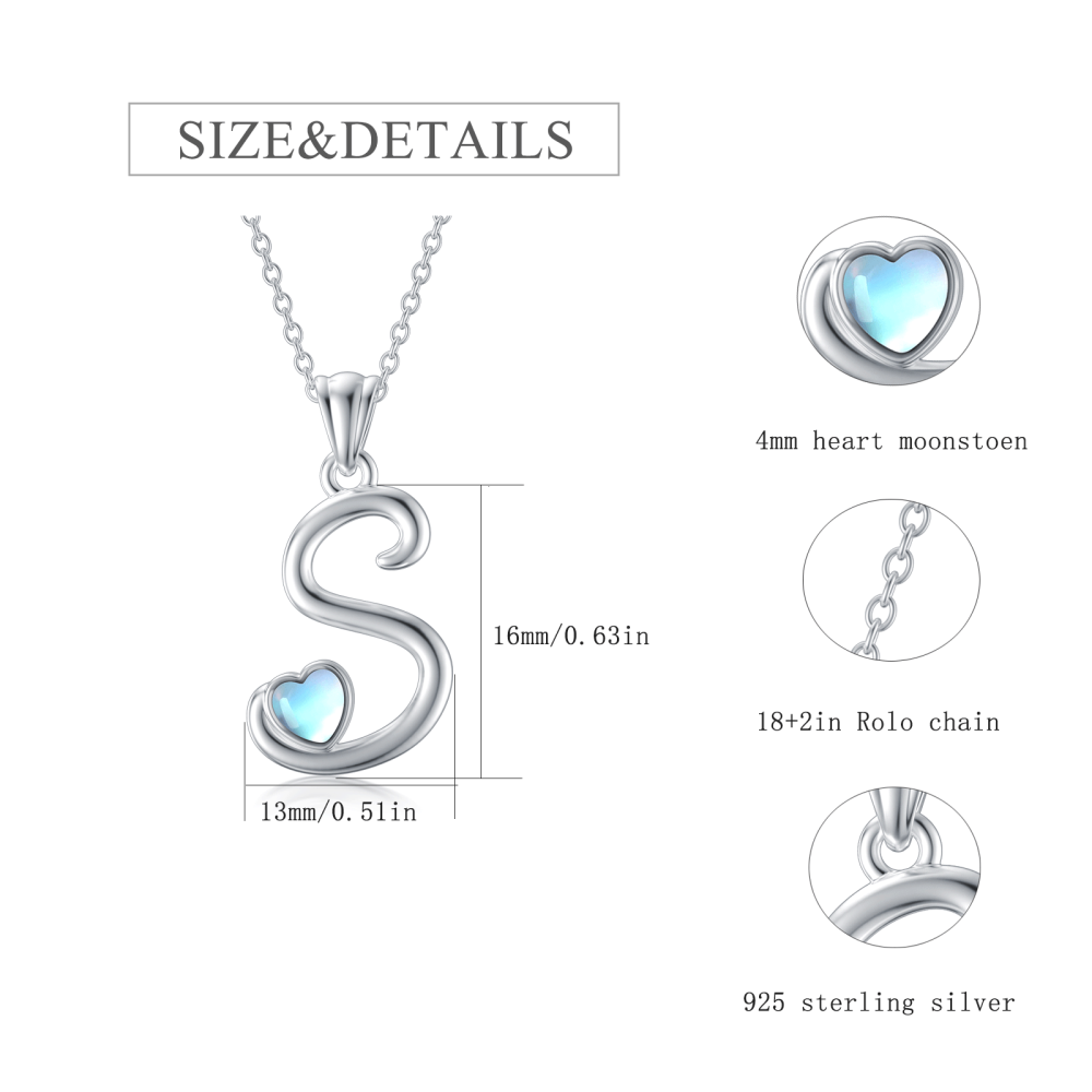 Sterling Silver Heart Moonstone Personalized Initial Letter S Pendant Necklace For Women Best Friends-5