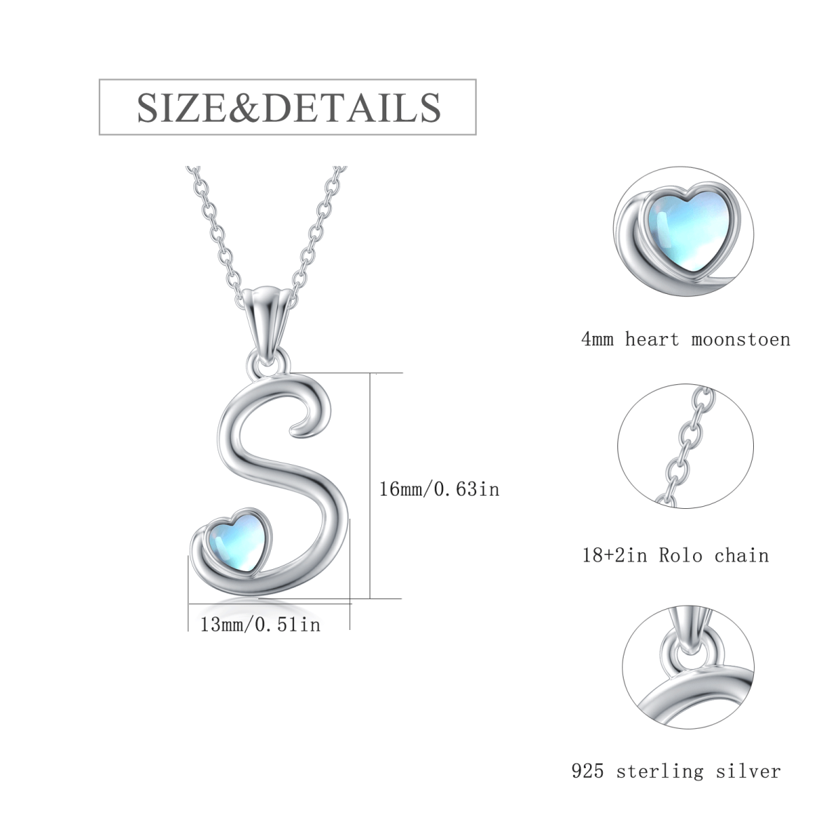 Sterling Silver Heart Shaped Moonstone Personalized Initial Letter & Heart Pendant Necklace with Initial Letter S-5