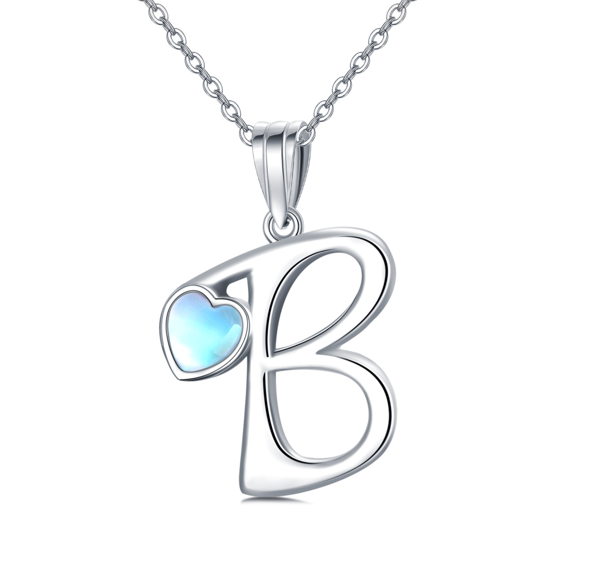 Sterling Silver Heart Shaped Moonstone Personalized Initial Letter & Heart Pendant Necklace with Initial Letter B-1