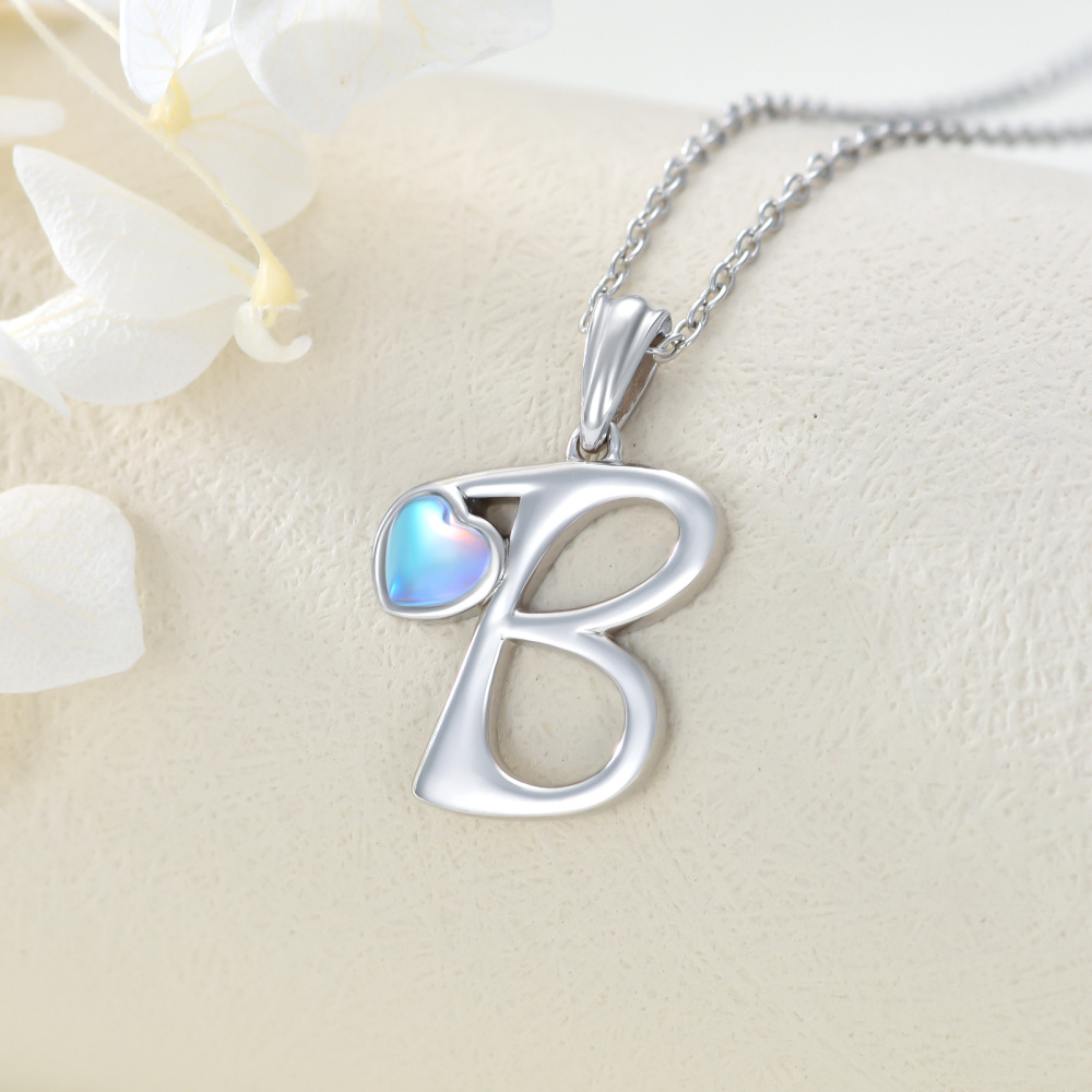 Colar com pendente de letra B personalizado em forma de coração e pedra da lua em prata de lei para melhores amigas-3