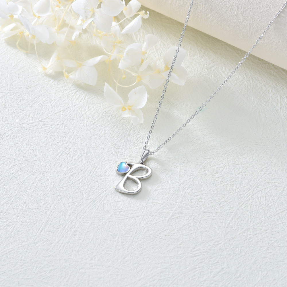 Colar com pendente de letra B personalizado em forma de coração e pedra da lua em prata de lei para melhores amigas-4