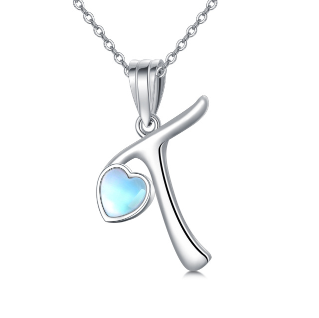 Sterling Silver Heart Shaped Moonstone Personalized Initial Letter & Heart Pendant Necklace with Initial Letter T-1