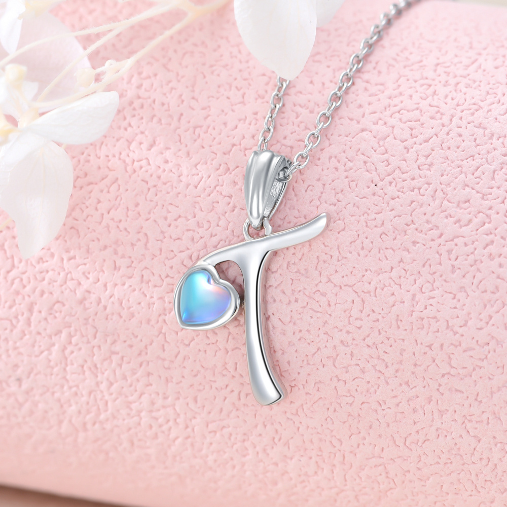 Colar com pendente de letra T personalizado em forma de coração e pedra da lua em prata de lei para melhores amigas femininas-3