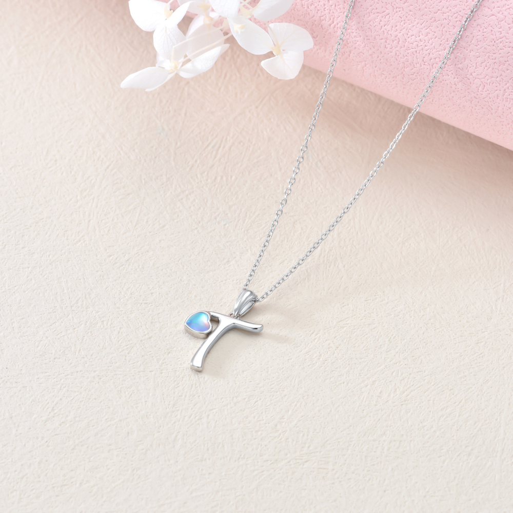 Colar com pendente de letra T personalizado em forma de coração e pedra da lua em prata de lei para melhores amigas femininas-4