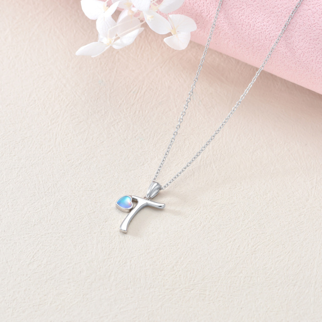 Sterling zilveren hartvormige maansteen gepersonaliseerde initiaal letter & hart hanger ketting met initiaal letter T-4