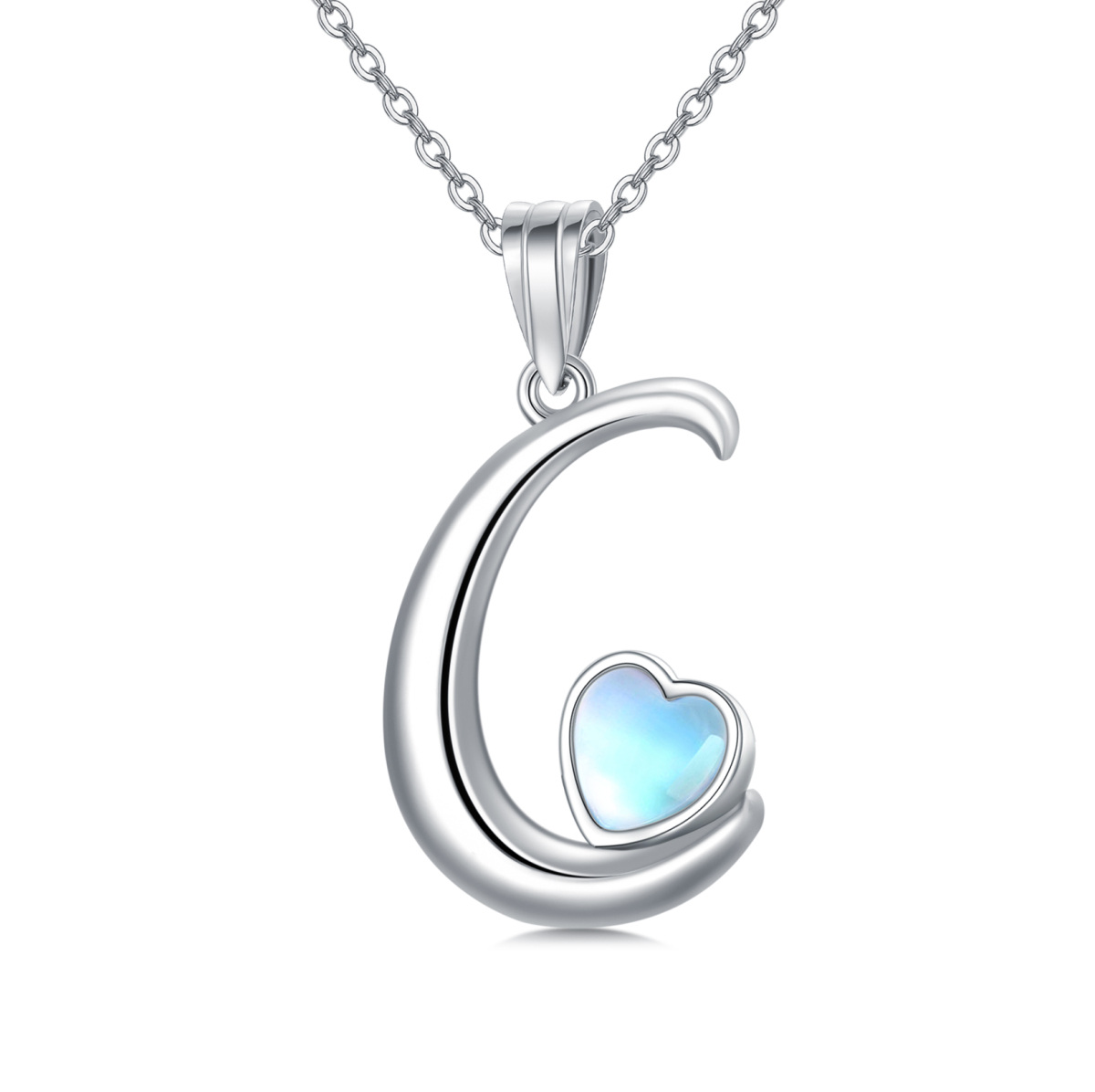 Collar con colgante de corazón con letra inicial personalizada de piedra lunar en forma de corazón de plata de ley con letra inicial C-1