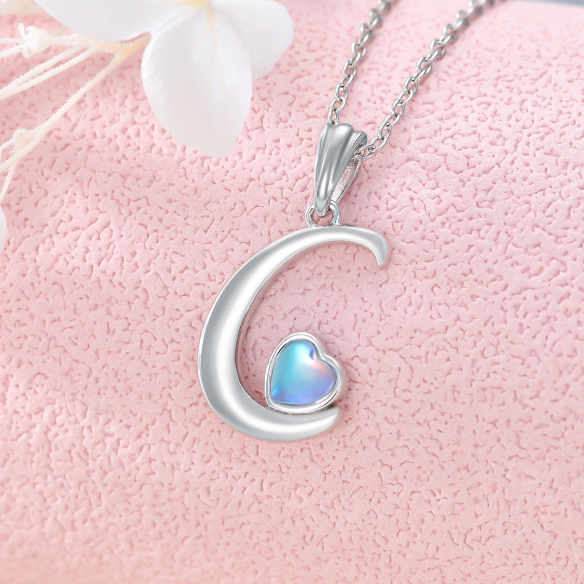 Sterling Silver Heart Shaped Moonstone Personalized Initial Letter & Heart Pendant Necklace with Initial Letter C-3