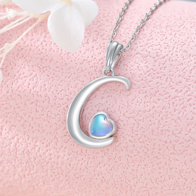 Sterling Silver Heart Shaped Moonstone Personalized Initial Letter & Heart Pendant Necklace with Initial Letter C-3