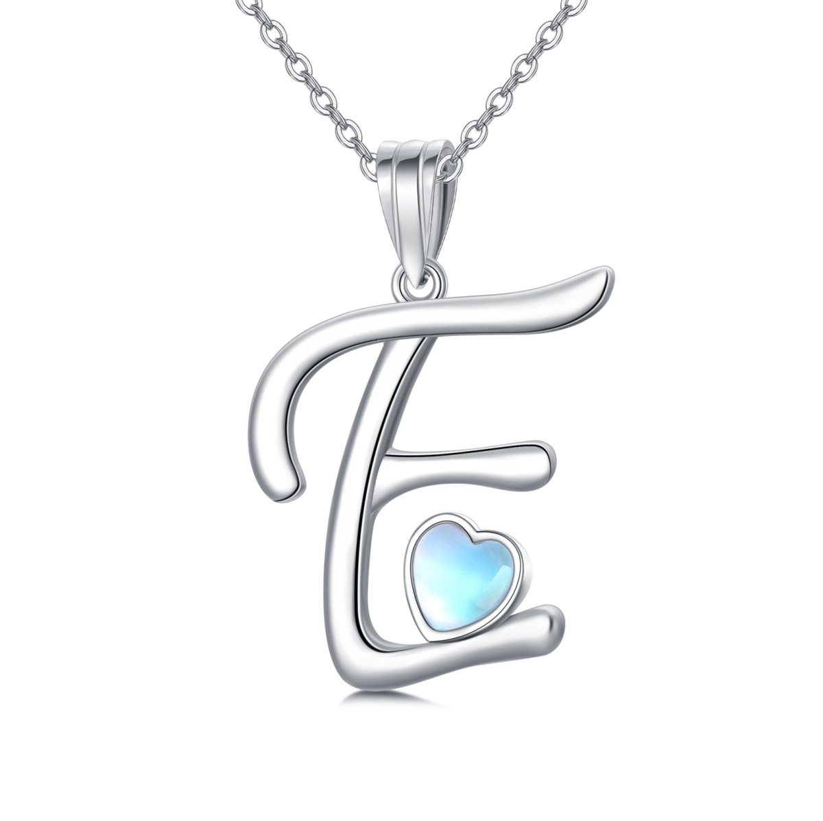 Sterling Silver Heart Shaped Moonstone Personalized Initial Letter & Heart Pendant Necklace with Initial Letter E-1