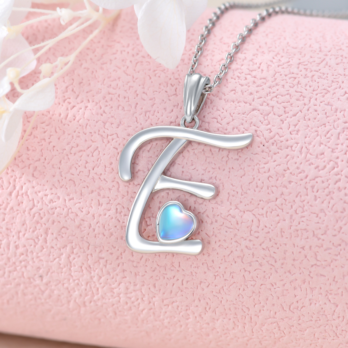 Sterling Silver Heart Shaped Moonstone Personalized Initial Letter & Heart Pendant Necklace with Initial Letter E-3