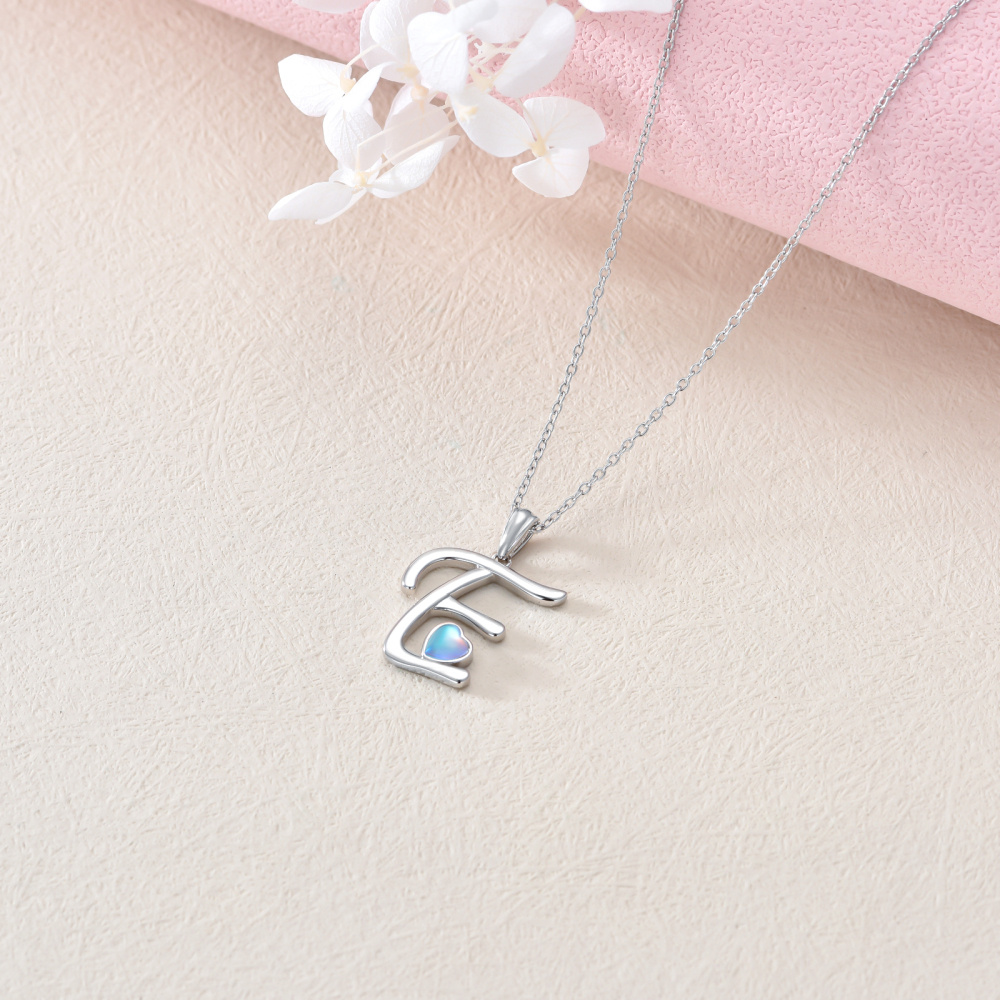 Sterling Silver Heart Moonstone Personalized Initial Letter E Pendant Necklace For Women Best Friends-4