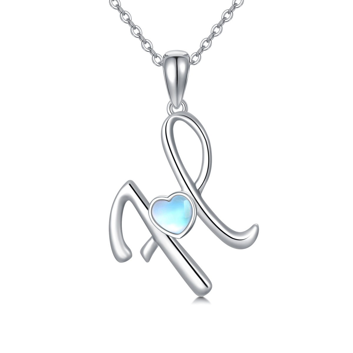 Collier avec pendentif en forme de cœur en argent sterling avec pierre de lune et lettre initiale personnalisée avec lettre initiale H-1