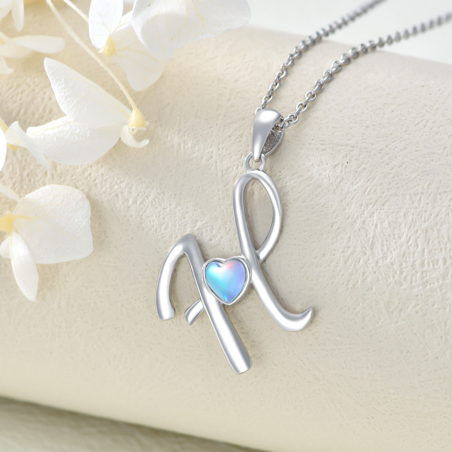 Sterling Silver Heart Shaped Moonstone Personalized Initial Letter & Heart Pendant Necklace with Initial Letter H-3