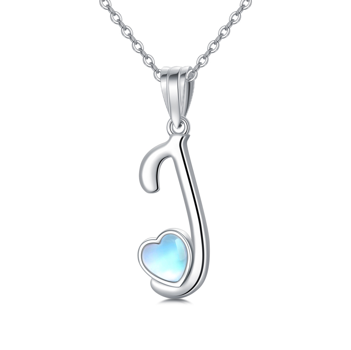 Sterling Silver Heart Shaped Moonstone Personalized Initial Letter & Heart Pendant Necklace with Initial Letter J-1