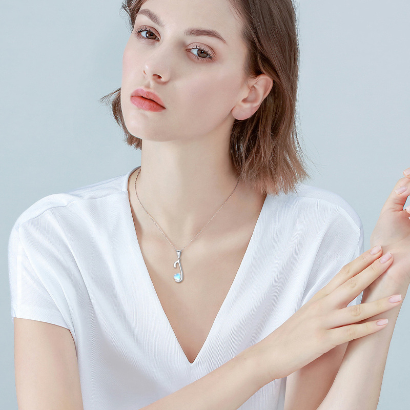 Sterling Silver Heart Moonstone Personalized Initial Letter J Pendant Necklace For Women Best Friends-2