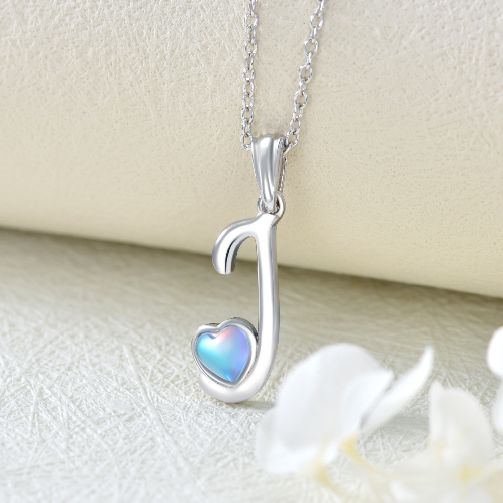 Colar com pendente letra J personalizado em forma de coração e pedra da lua em prata de lei para melhores amigas-3