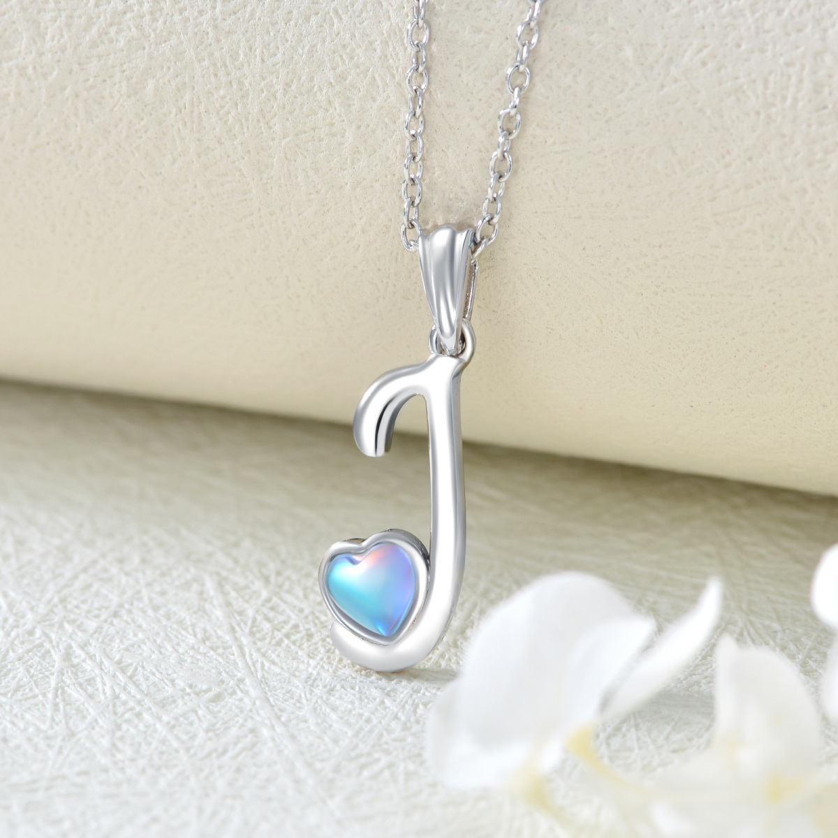 Sterling Silver Heart Shaped Moonstone Personalized Initial Letter & Heart Pendant Necklace with Initial Letter J-3