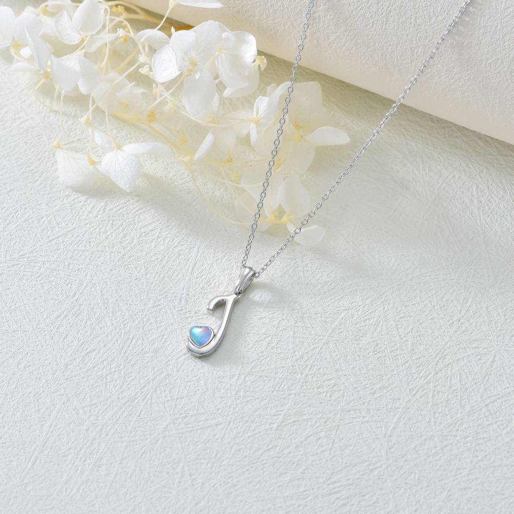 Colar com pendente letra J personalizado em forma de coração e pedra da lua em prata de lei para melhores amigas-4