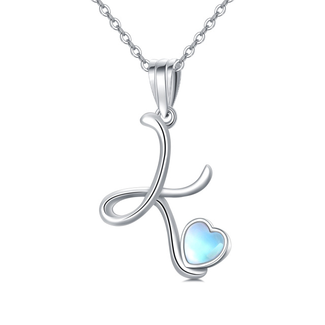 Sterling Silver Heart Shaped Moonstone Personalized Initial Letter & Heart Pendant Necklace with Initial Letter K-1