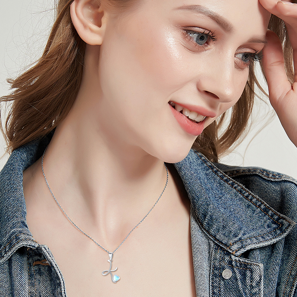 Sterling Silver Heart Moonstone Personalized Initial Letter K Pendant Necklace For Women Best Friends-2