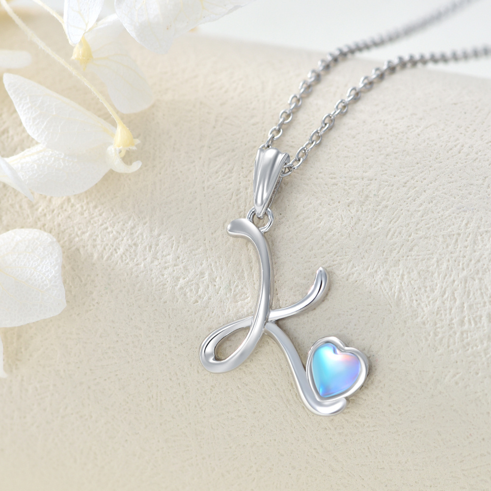 Sterling Silver Heart Moonstone Personalized Initial Letter K Pendant Necklace For Women Best Friends-3