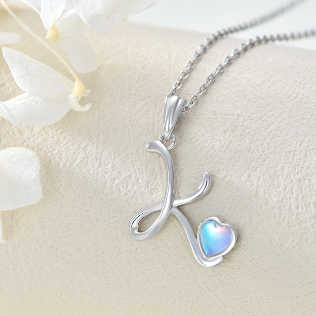 Sterling Silver Heart Shaped Moonstone Personalized Initial Letter & Heart Pendant Necklace with Initial Letter K-3