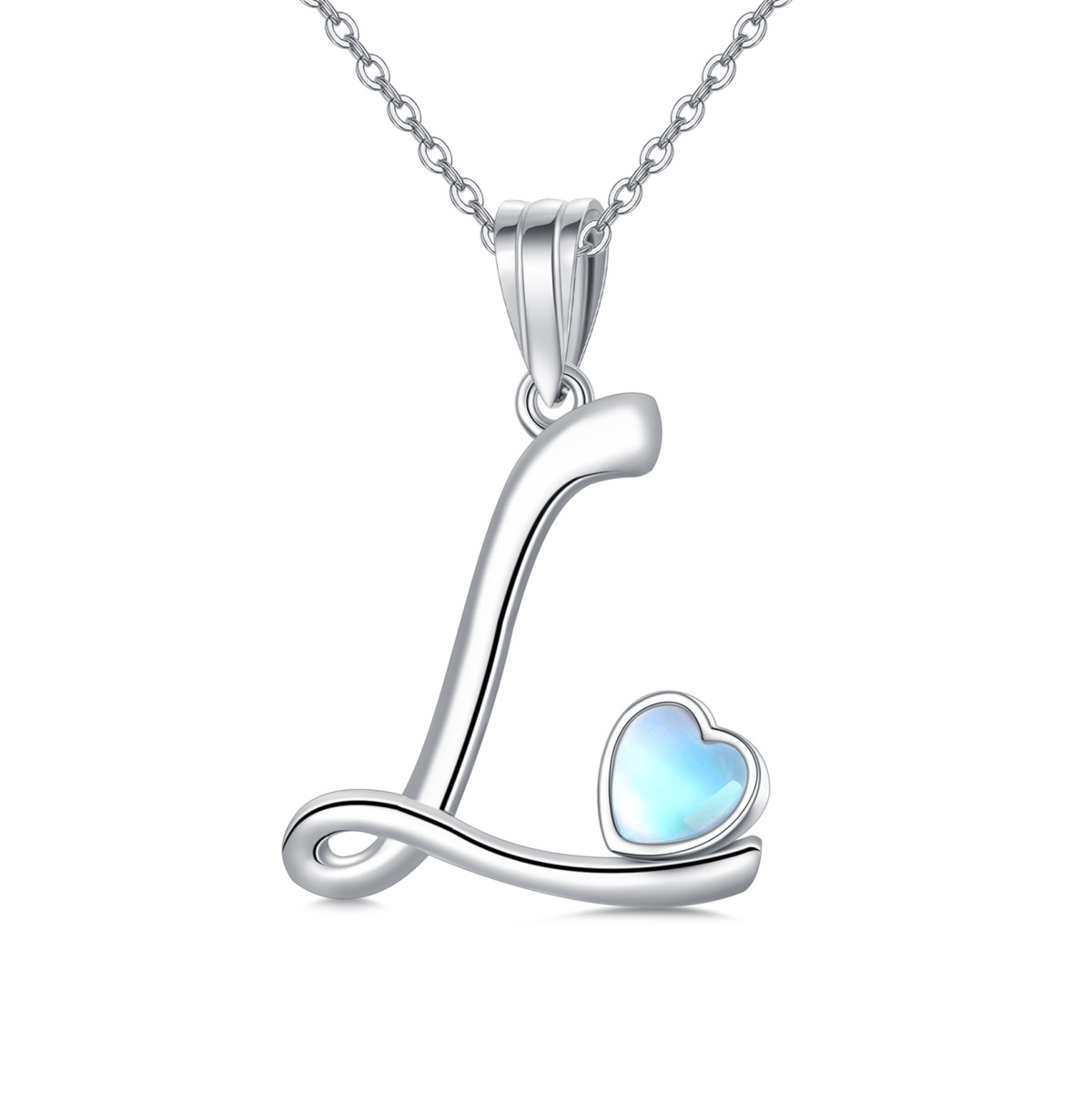 Sterling Silver Heart Shaped Moonstone Personalized Initial Letter & Heart Pendant Necklace with Initial Letter L-1