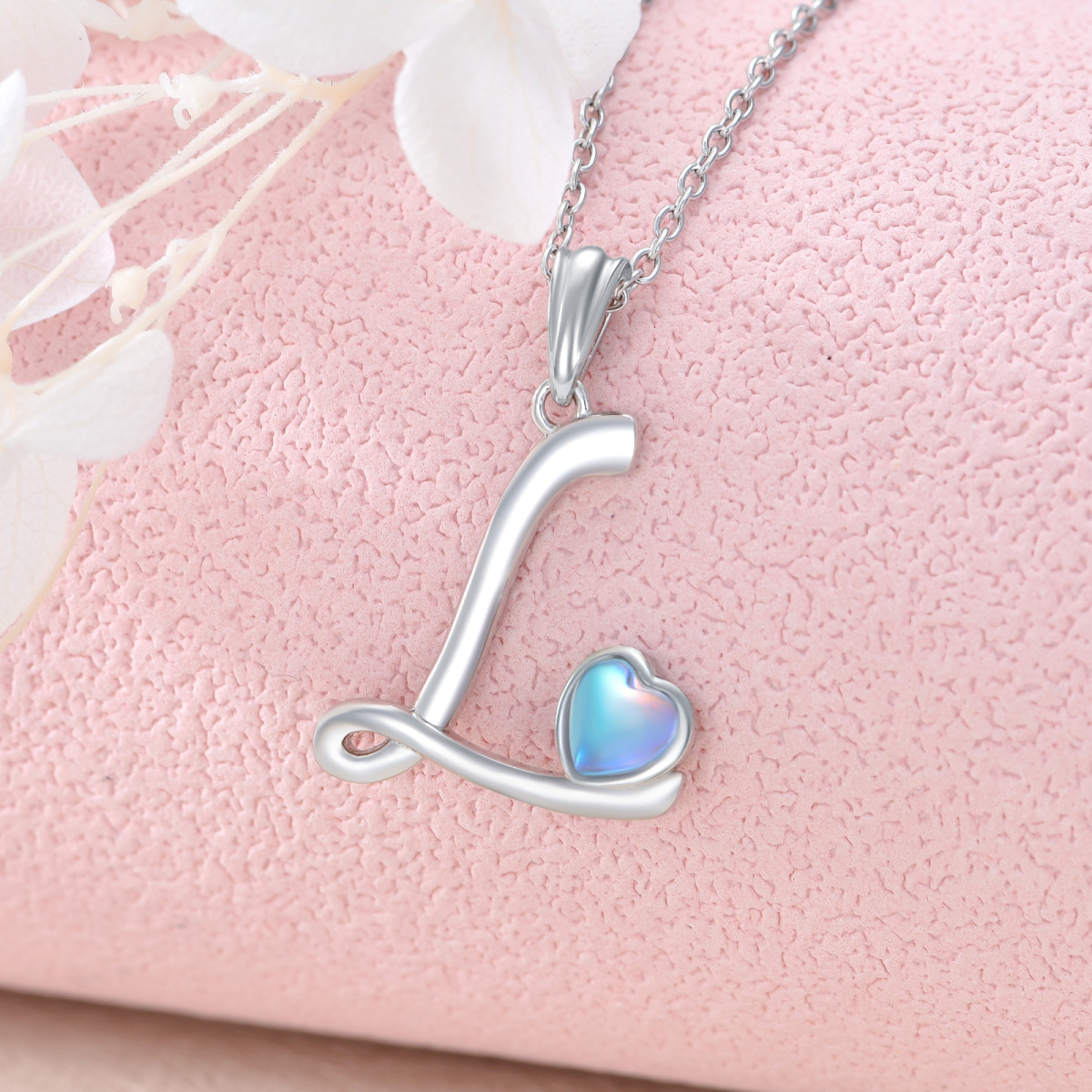 Sterling Silver Heart Shaped Moonstone Personalized Initial Letter & Heart Pendant Necklace with Initial Letter L-3