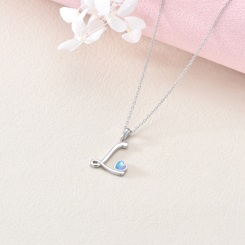 Sterling Silver Heart Moonstone Personalized Initial Letter L Pendant Necklace For Women Best Friends-4