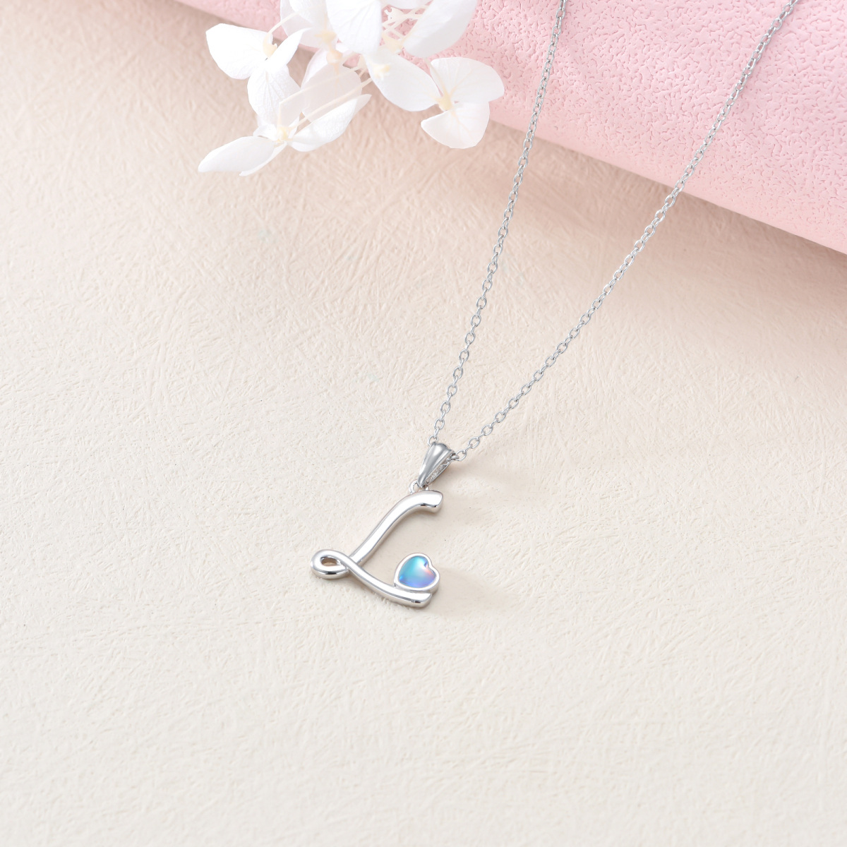 Sterling Silver Heart Shaped Moonstone Personalized Initial Letter & Heart Pendant Necklace with Initial Letter L-4