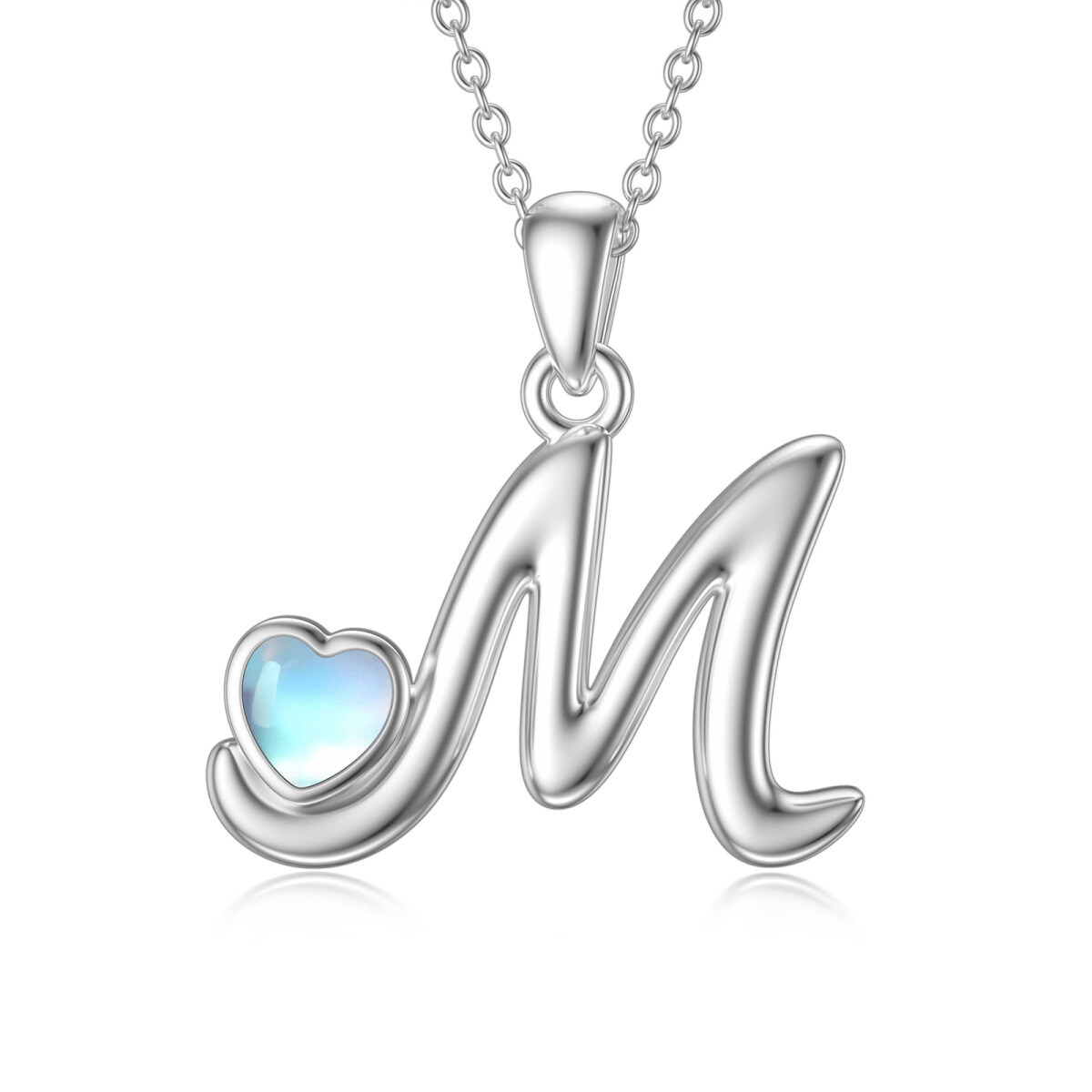 Sterling Silver Heart Shaped Moonstone Personalized Initial Letter & Heart Pendant Necklace-1