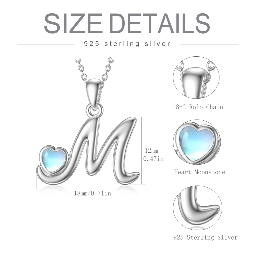 Sterling Silver Heart Moonstone Personalized Initial Letter M Pendant Necklace For Women Best Friends-5