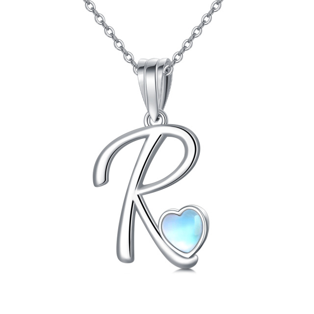 Sterling Silver Heart Shaped Moonstone Personalized Initial Letter & Heart Pendant Necklace with Initial Letter R-1