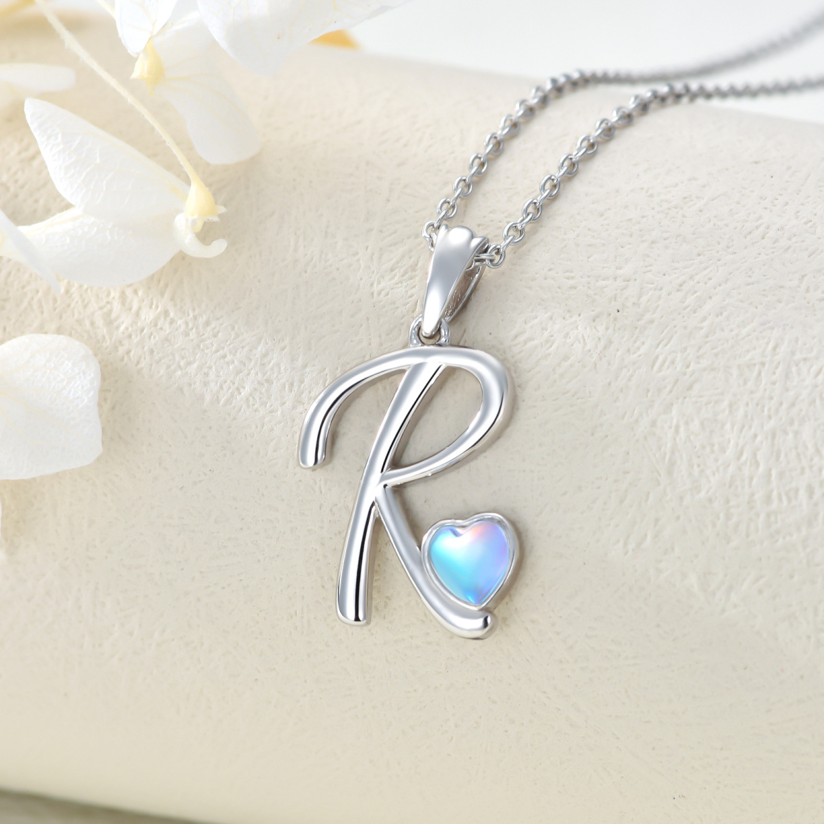 Sterling Silver Heart Shaped Moonstone Personalized Initial Letter & Heart Pendant Necklace with Initial Letter R-3