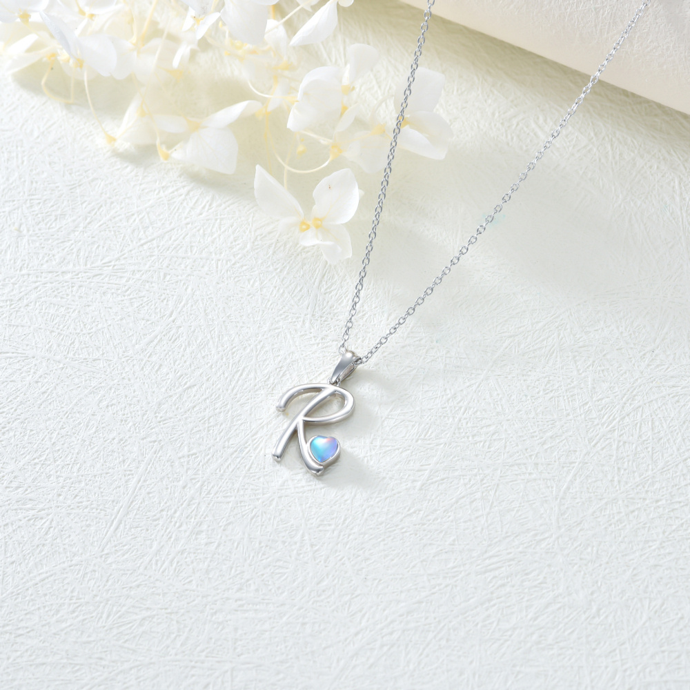 Sterling Silver Heart Moonstone Personalized Initial Letter R Pendant Necklace For Women Best Friends-4