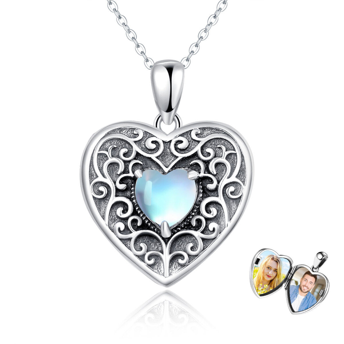 Collar con medallón de foto personalizado con piedra lunar en forma de corazón de plata de ley con palabra grabada-1