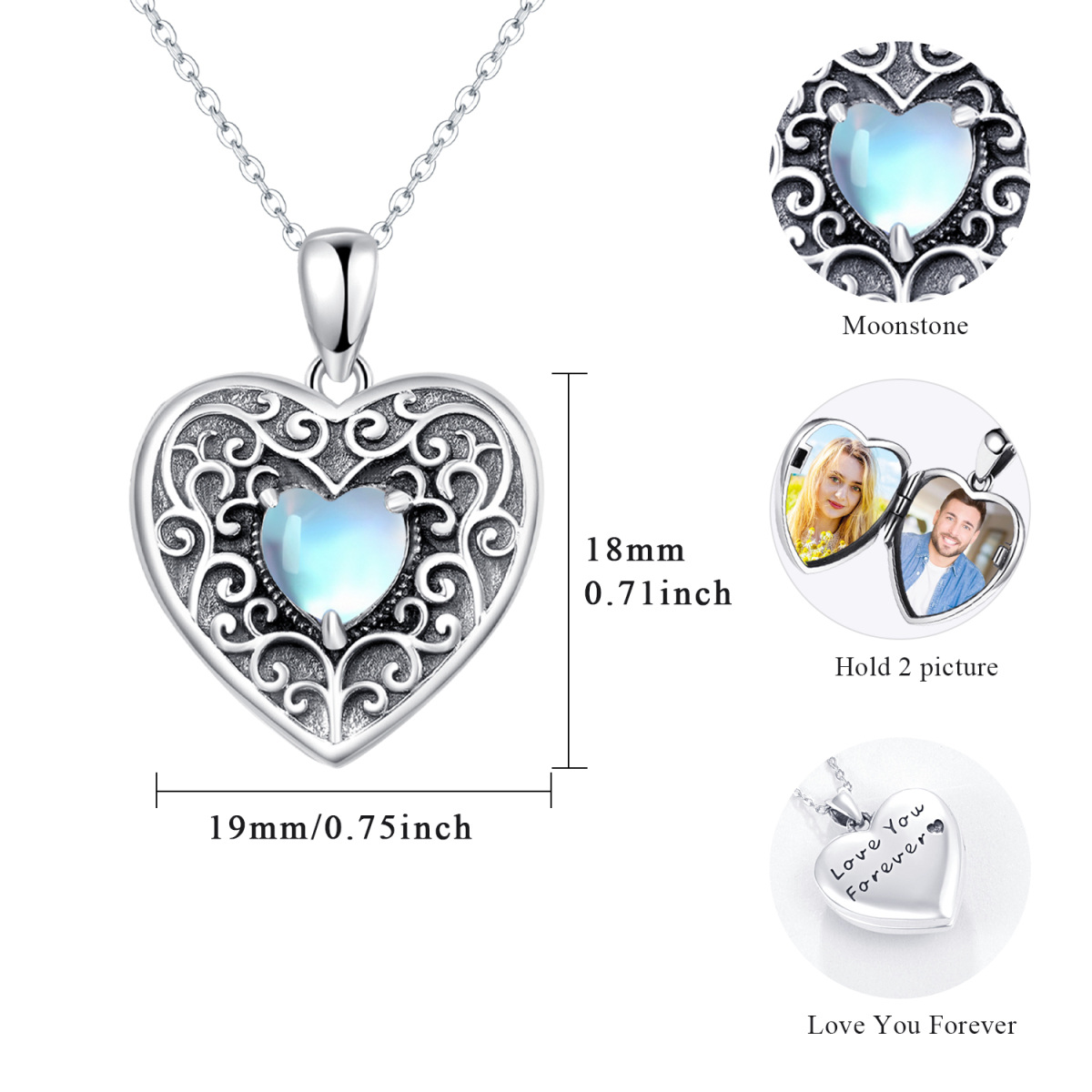 Collar con medallón de foto personalizado con piedra lunar en forma de corazón de plata de ley con palabra grabada-6