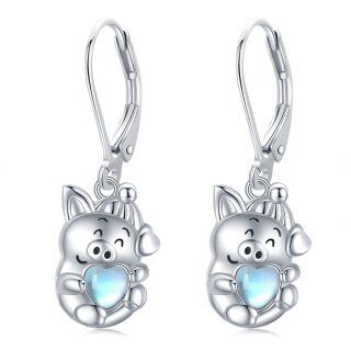 Sterling Silver Heart Shaped Moonstone Pig Lever-back Earrings-2