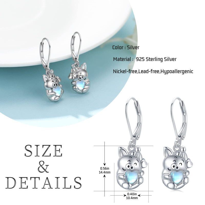Sterling Silver Heart Shaped Moonstone Pig Lever-back Earrings-6